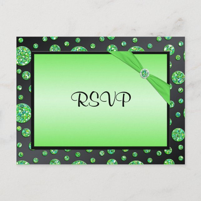 Black and Lime Glittery Dot RSVP Postcard (Front)