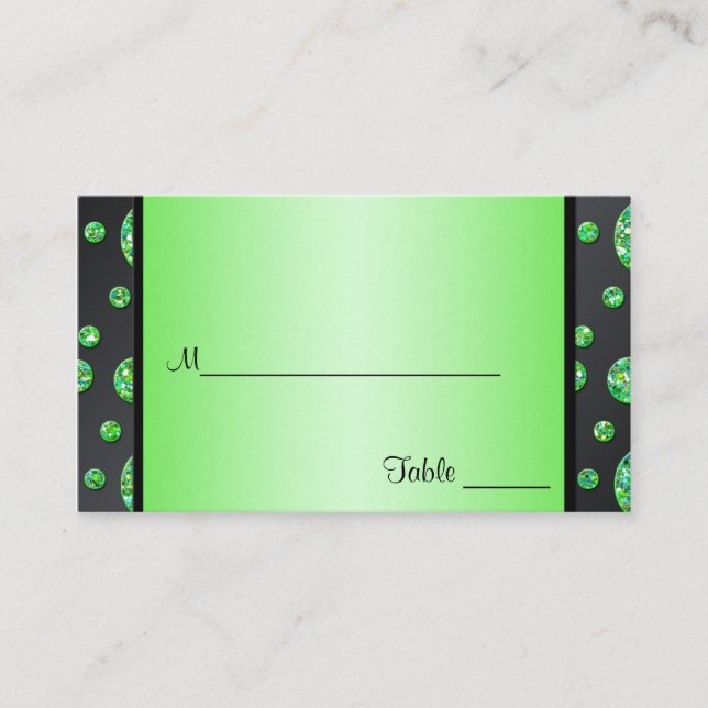 Black and Lime Glittery Polka Dots Placecards (Front)
