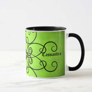 Black and lime green hearts and swirls mug