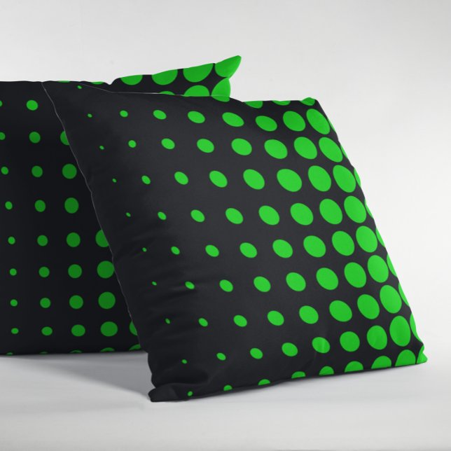 Black and Lime Green Progressive Dots Cushion (Black and Green Half Tone Dots Pillow)