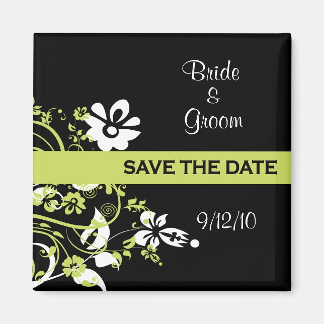 Black and Lime Green Save the Date Magnets (Front)