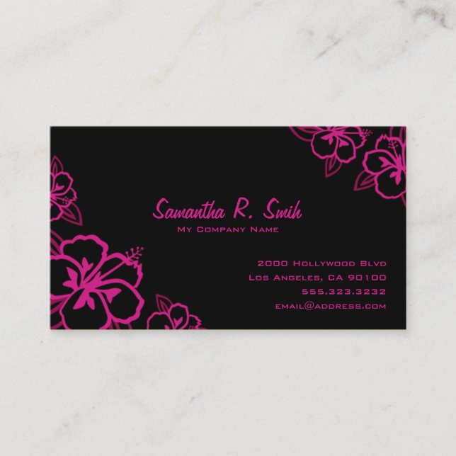 Black and Magenta Hibiscus Business Card (Front)
