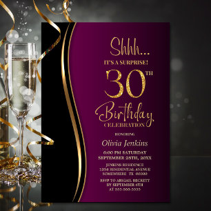 Black and Magenta Red Surprise 30th Birthday Invitation