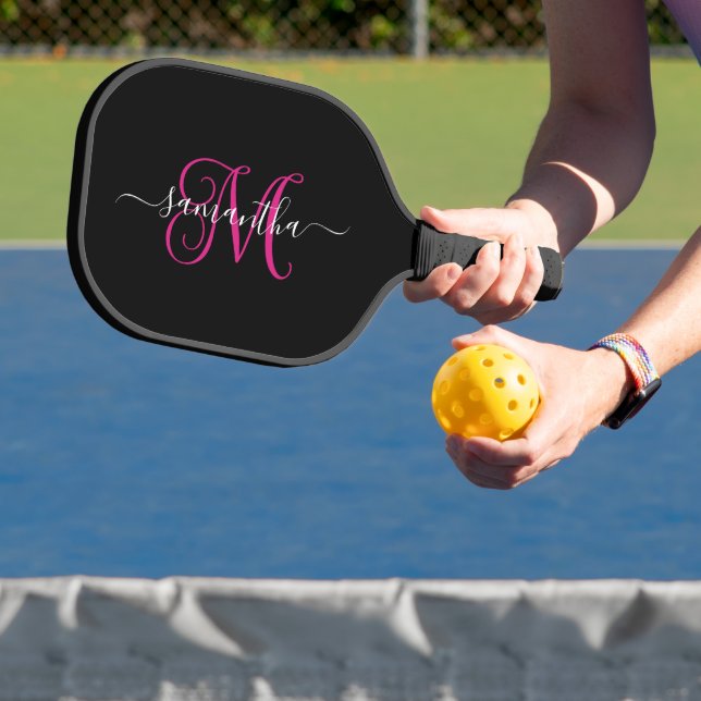 Black and Magenta Signature Name Curly Monogram Pickleball Paddle (Insitu)