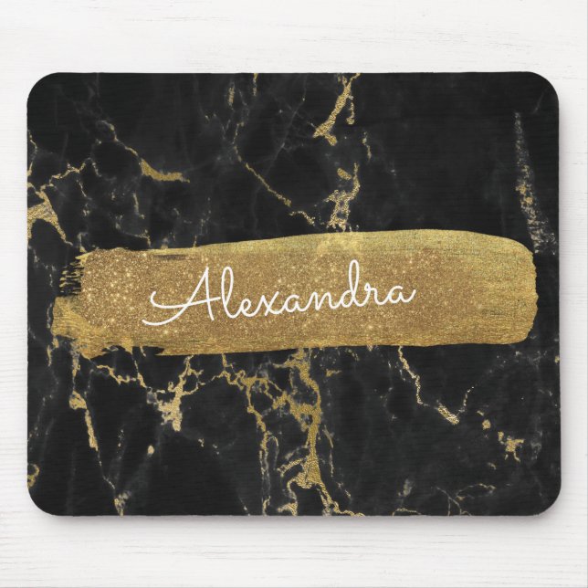 Black and Marble with Gold Foil and Glitter Mouse Mat (Front)