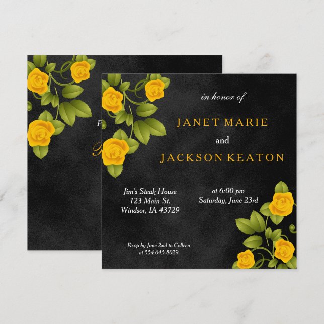 Black and Marigold Yellow Rose Flower Wedding Invitation (Front/Back)