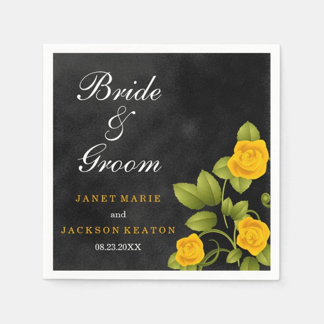 Black and Marigold Yellow Rose Wedding Napkin (Front)
