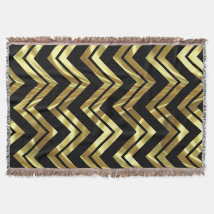 Black And Metallic Gold Chevron Zigzag Pattern Throw Blanket
