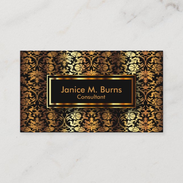 Black and Metallic Gold Floral Damask Business Card (Front)