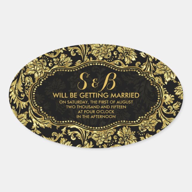 Black And Metallic Gold Floral Damasks 3a Pattern Oval Sticker (Front)