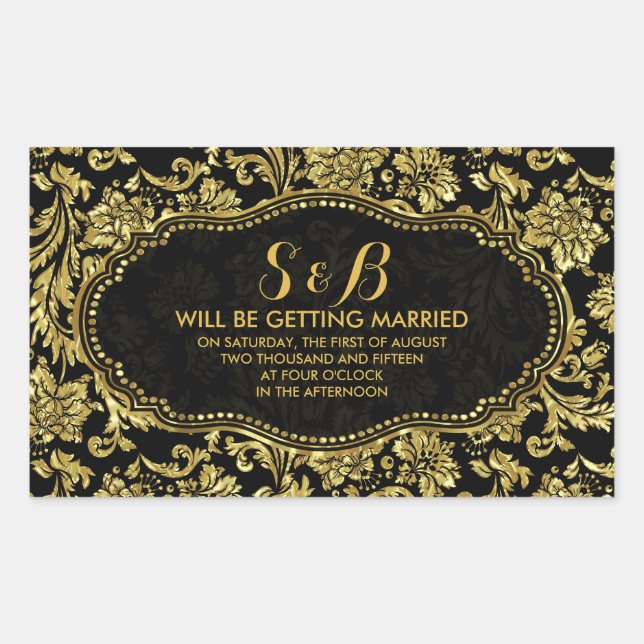 Black And Metallic Gold Floral Damasks 3a Pattern Rectangular Sticker (Front)