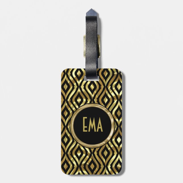 Black And Metallic Gold Geometric Pattern Luggage Tag (Back Vertical)