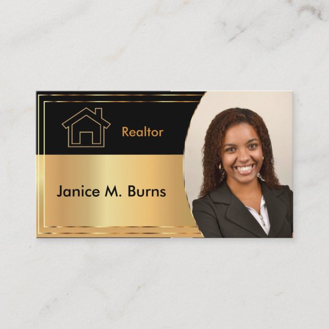 Black and Metallic Gold Realtor Photo Design Business Card (Front)
