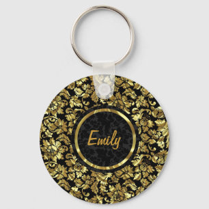 Black And Metallic Gold Vintage Damasks Key Ring