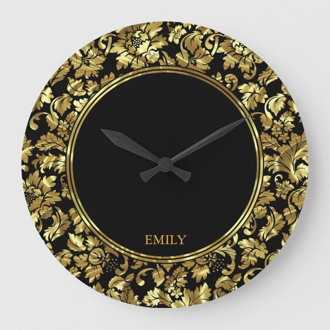 Black And Metallic Gold Vintage Damasks Large Clock (Front)
