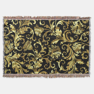 Black And Metallic Gold Vintage Floral Damasks 3 Throw Blanket