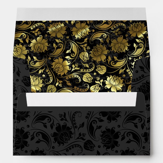 Black And Metallic Shiny Gold Floral Damasks Envelopes (Back (Bottom))
