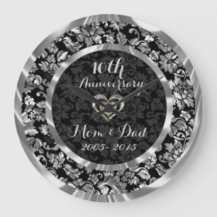 Black And Metallic Silver 10th Wedding Anniversary Large Clock