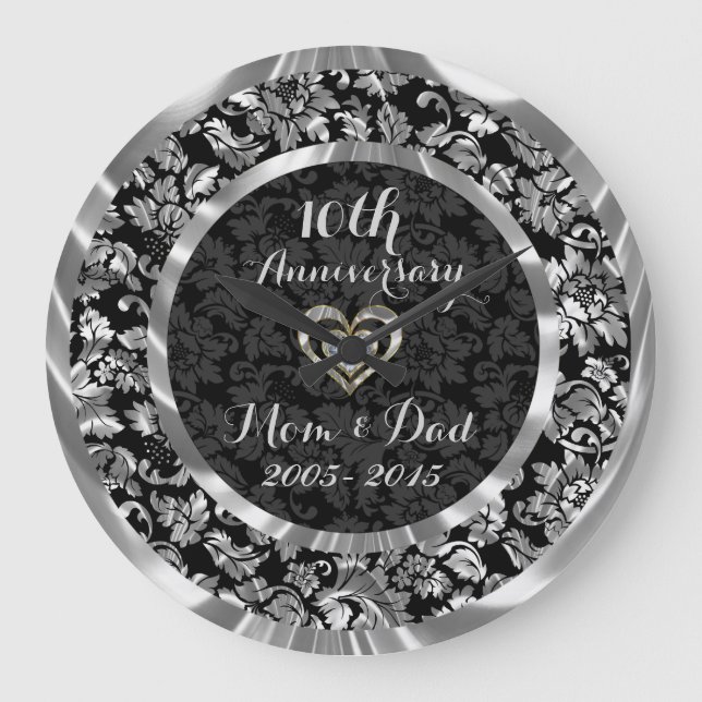Black And Metallic Silver 10th Wedding Anniversary Large Clock (Front)