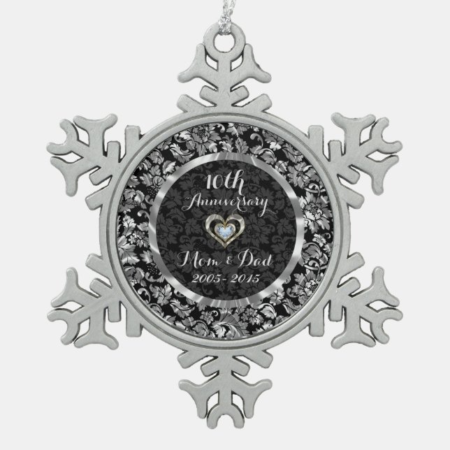 Black And Metallic Silver 10th Wedding Anniversary Snowflake Pewter Christmas Ornament (Front)