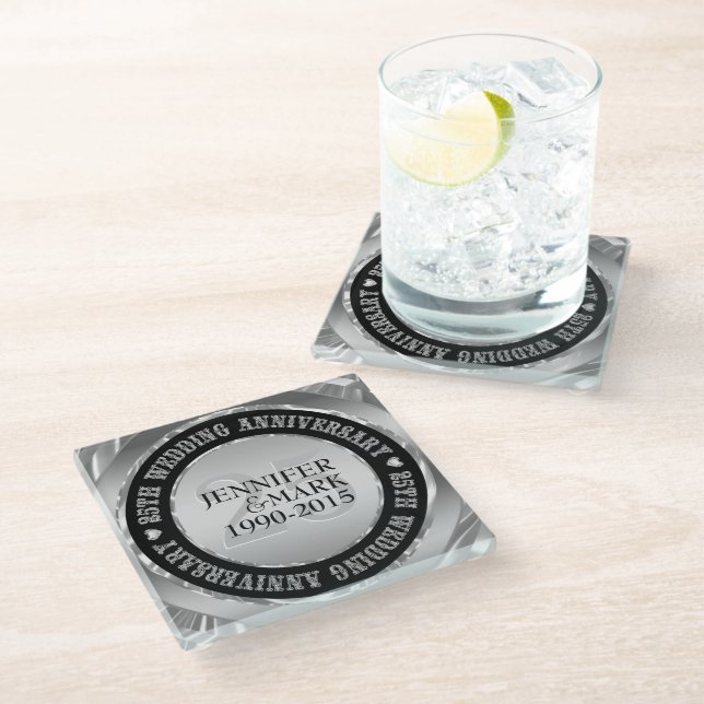 Black And Metallic Silver. 25th Anniversary Glass Coaster (Angled)