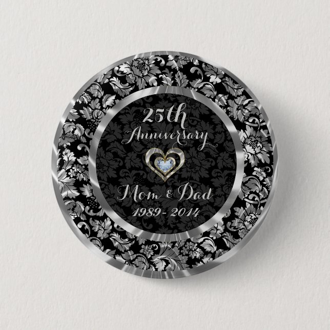 Black And Metallic Silver 25th Wedding Anniversary 6 Cm Round Badge (Front)