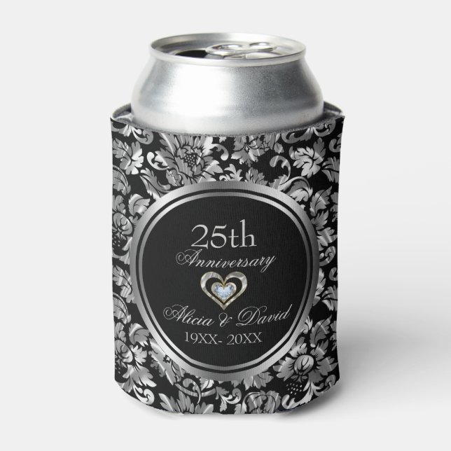 Black And Metallic Silver 25th Wedding Anniversary Can Cooler (Can Front)