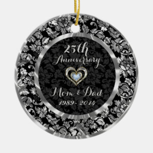 Black And Metallic Silver 25th Wedding Anniversary Ceramic Tree Decoration