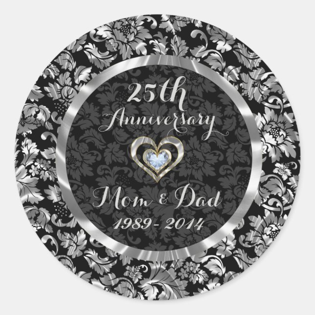 Black And Metallic Silver 25th Wedding Anniversary Classic Round Sticker (Front)
