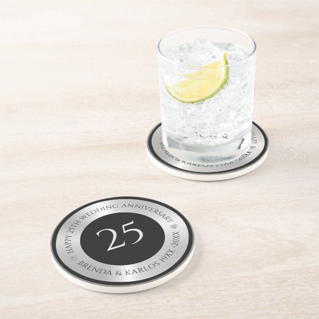 Black and metallic silver 25th wedding Anniversary Coaster (Side)