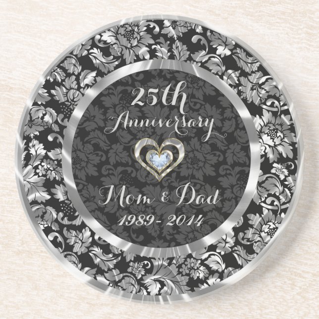 Black And Metallic Silver 25th Wedding Anniversary Coaster (Front)