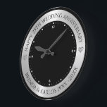 Black and metallic silver 25th wedding Anniversary Large Clock<br><div class="desc">Metallic silver grey texture image with a black background,  customisable text for 25th wedding anniversary.
White and silver heart diamonds images as a design accent.</div>