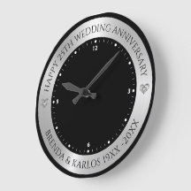 Black and metallic silver 25th wedding Anniversary Large Clock
