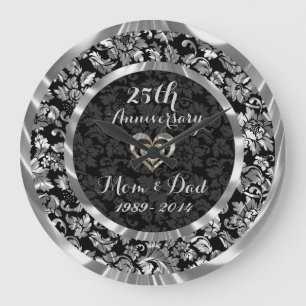 Black And Metallic Silver 25th Wedding Anniversary Large Clock