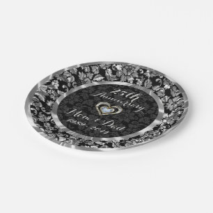 Black And Metallic Silver 25th Wedding Anniversary Paper Plate