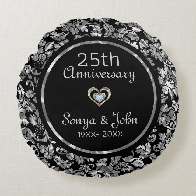 Black And Metallic Silver 25th Wedding Anniversary Round Cushion (Front)