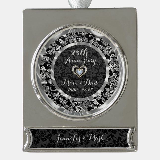 Black And Metallic Silver 25th Wedding Anniversary Silver Plated Banner Ornament (Front)
