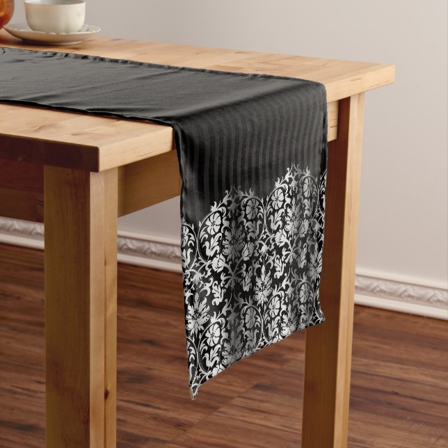 Black and Metallic Silver Damask Design Short Table Runner (In Situ)