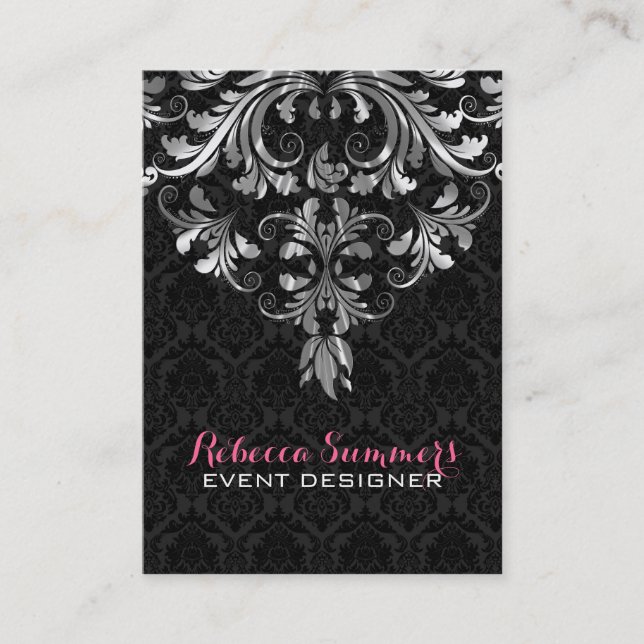 Black And Metallic Silver Floral Lace 2 Business Card (Front)