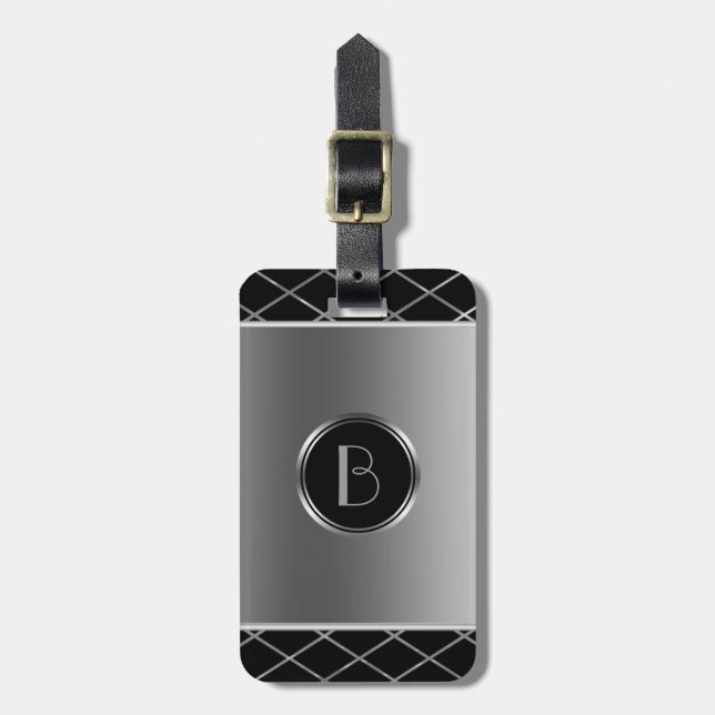 Black And Metallic Silver Geometric Design Luggage Tag (Front Vertical)