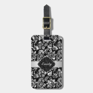 Black And Metallic Silver Vintage Floral Damasks Luggage Tag