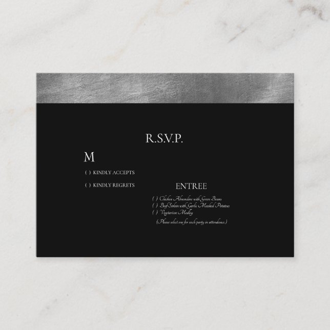 Black and Metallic Silver Wedding RSVP QR Code Enclosure Card (Front)