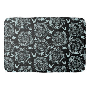 Black and Mint Green Floral and Birds Bath Mat
