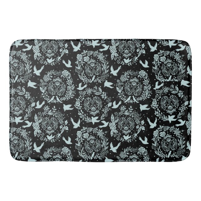 Black and Mint Green Floral and Birds Bath Mat (Front)