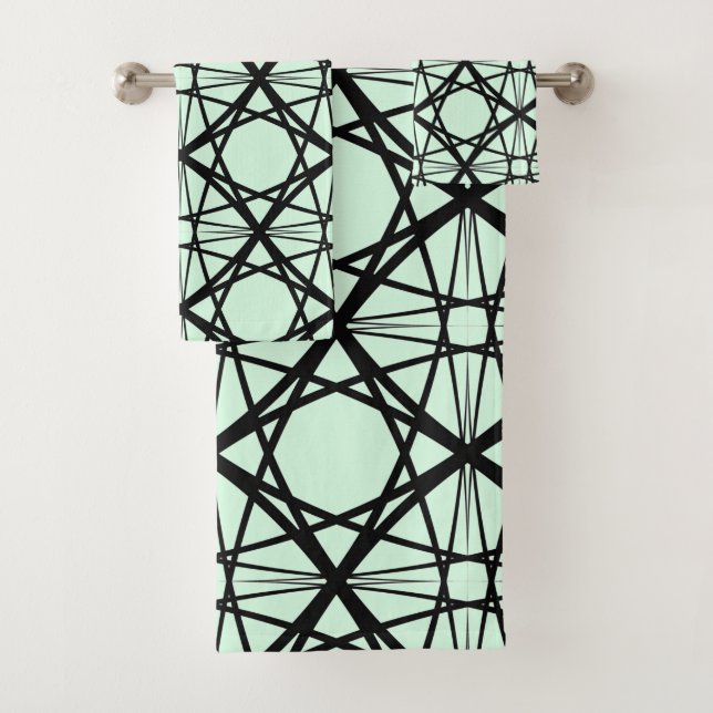 Black and Mint Green Geometric Art Bath Towel Set (Insitu)