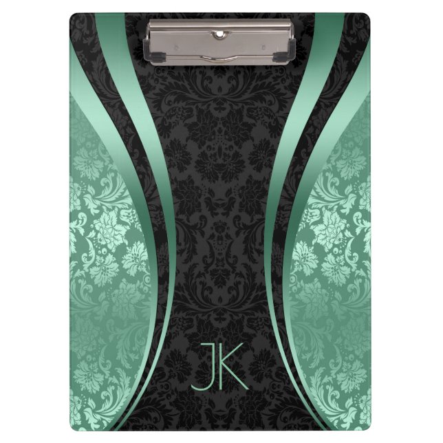 Black And Mint-Green Geometric Floral Damasks Clipboard (Front)