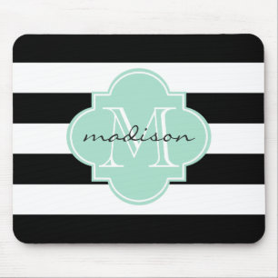 Black and Mint Nautical Stripes Custom Monogram Mouse Mat