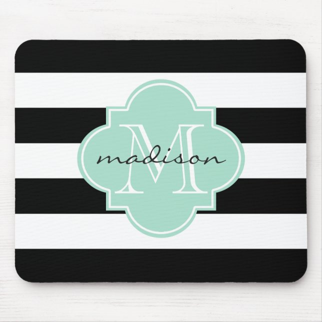 Black and Mint Nautical Stripes Custom Monogram Mouse Mat (Front)