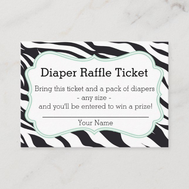 Black and Mint Zebra Diaper Raffle Ticket Enclosure Card (Front)
