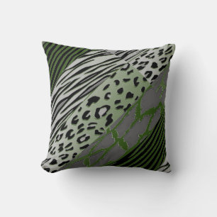Black And Moss Animal Printed Zebra Stripe Pillow